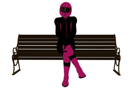 A female motorcycle rider sitting on a bench silhouette on a white background