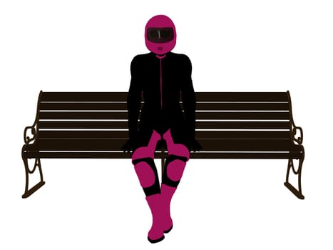 A female motorcycle rider sitting on a bench silhouette on a white background