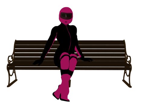 A female motorcycle rider sitting on a bench silhouette on a white background