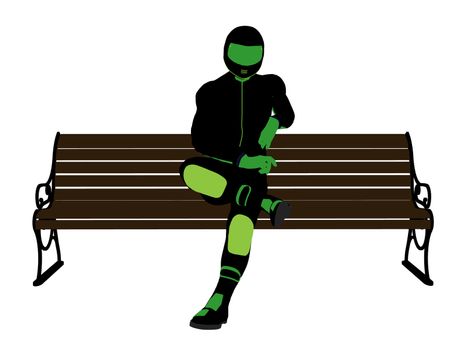 A male motorcycle rider sitting on a bench silhouette on a white background
