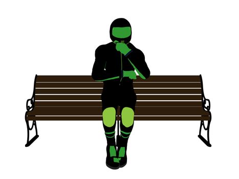 A male motorcycle rider sitting on a bench silhouette on a white background