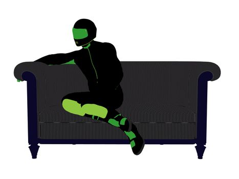 A male motorcycle rider sitting on a sofa silhouette on a white background