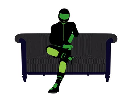 A male motorcycle rider sitting on a sofa silhouette on a white background