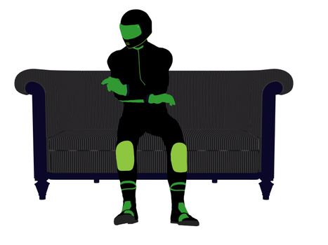 A male motorcycle rider sitting on a sofa silhouette on a white background