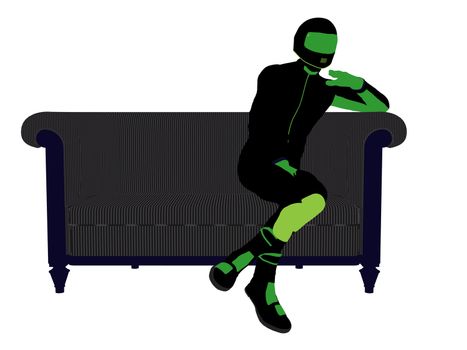 A male motorcycle rider sitting on a sofa silhouette on a white background