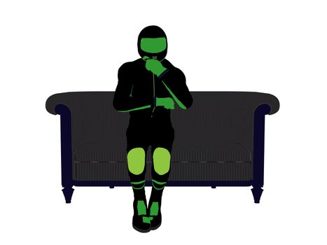 A male motorcycle rider sitting on a sofa silhouette on a white background