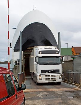 The truck leaves the ferry on island Skrova