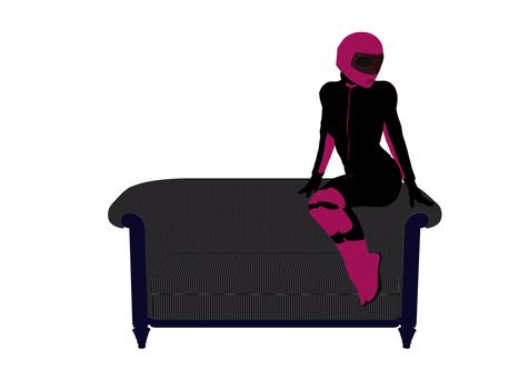 A female motorcycle rider sitting on a sofa silhouette on a white background