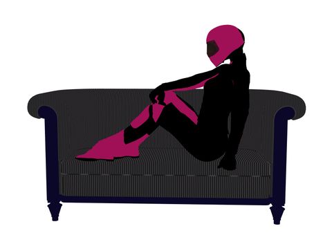 A female motorcycle rider sitting on a sofa silhouette on a white background