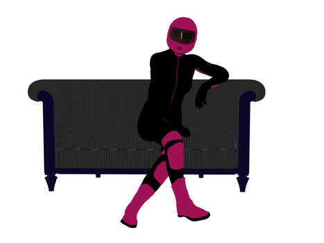 A female motorcycle rider sitting on a sofa silhouette on a white background