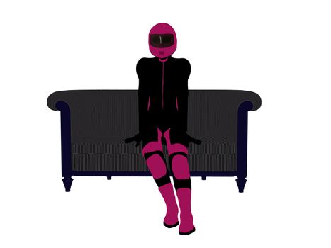 A female motorcycle rider sitting on a sofa silhouette on a white background