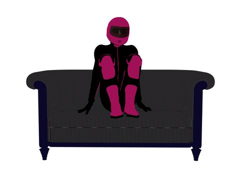 A female motorcycle rider sitting on a sofa silhouette on a white background