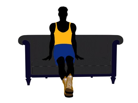 Male Athlete sitting on a sofa silhouette on a white background