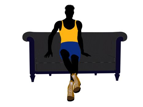 Male Athlete sitting on a sofa silhouette on a white background