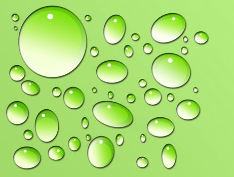Water droplets on green background