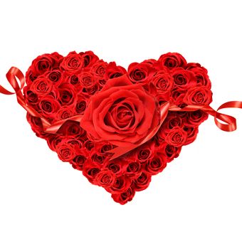 Red roses in the shape of heart on white background