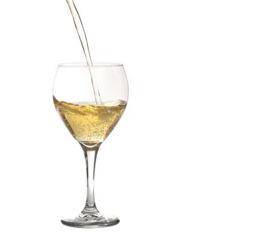 Glass of Sparkling Wine or Champagne Being Poured on White Background