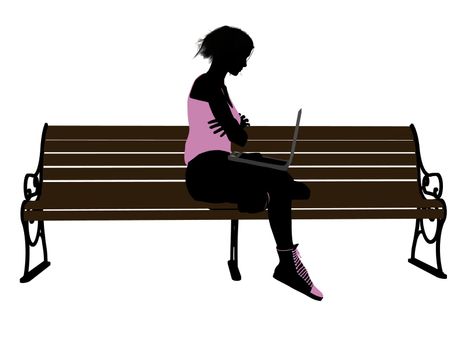 Female athlete with a laptop sitting on a bench silhouette on a white background
