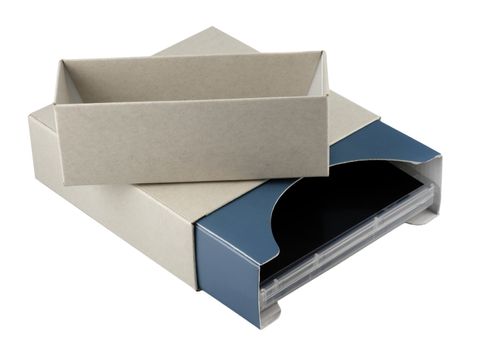 open cardboard box with software or movie on dvd in plastic case inside, isolated on white with clipping path