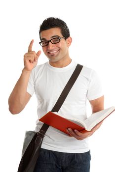 A smiling male university or college student with a question or answer.  He is holding an open textbook.  White background.