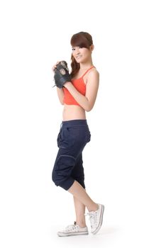 Sport girl with baseball glove, full length portrait of oriental woman isolated on white background.