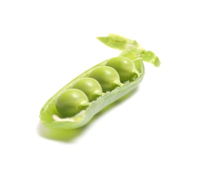 Half of a pod of peas on a white background.