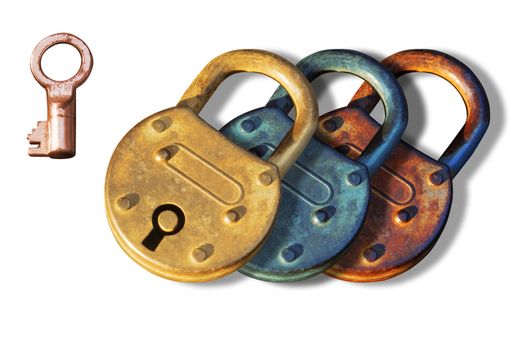 Antique Padlocks in different roughed metal surface with a key on their side. Isolated elements over white background.