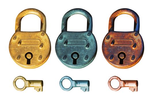 Antique Padlocks in different roughed metal surface with three key below. Isolated elements over white background.