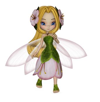 3d rendered fairy, with an exotic smile, dressed in flower petals and flowers.