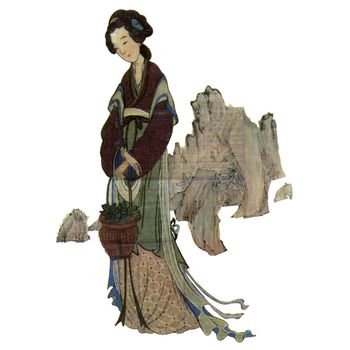 Artwork painting on wooden board. Japanese woman in traditional clothes. Isolated on white background.