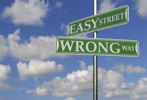 Street Signs With Easy Street and Wrong Way Motivational Concept