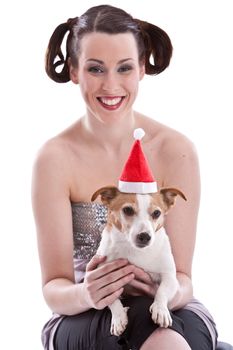 Cute adorable jack russel terrier with christmas hat (focus on dog)