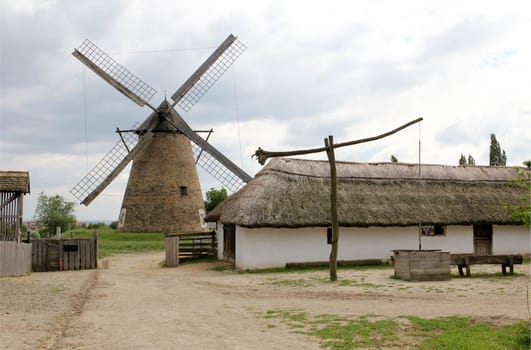 Rural farm in the background with a windmill.