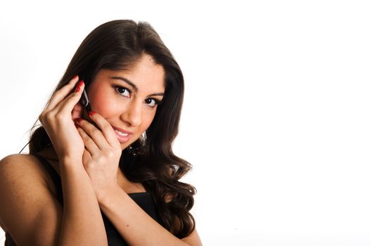 Beautiful girl speaking in telephone, using a headset