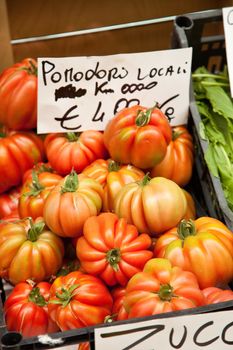 Delicious fresh pomodori for sale at a stall in Alba, Italy