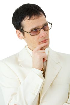 Thinking the young man in glasses isolated on white background