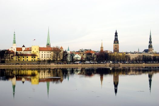 Panorama of Riga old city (Latvia) in winter. View from Daugava river