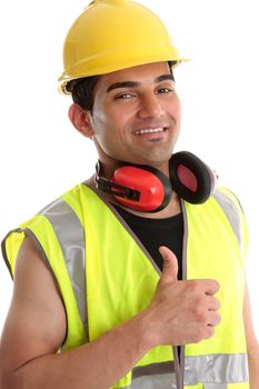 Smiling builder, construction worker or other trades man showing a  thumbs up sign. White background.