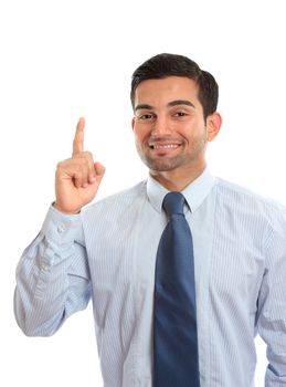 A businessman pointing finger, first, number one, idea,  etc.  White background.