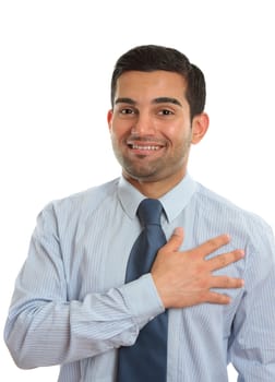 A sincere ethnic mixed race businessman wearing a pinstripe shirt and tie.