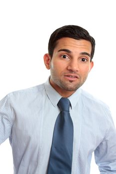 Businessman or salesman, retailer, etc leaning forward with raised eyebrows and expression.  White background.