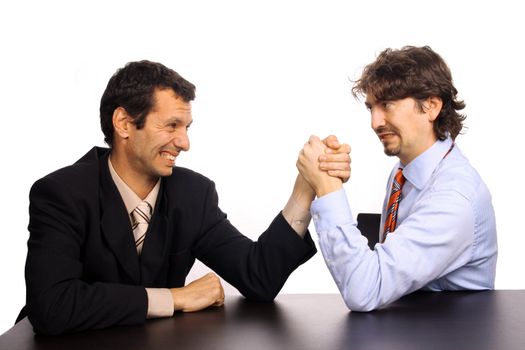 businessmans arm wrestling over white background