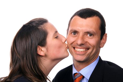 businessman and casual woman couple kissing