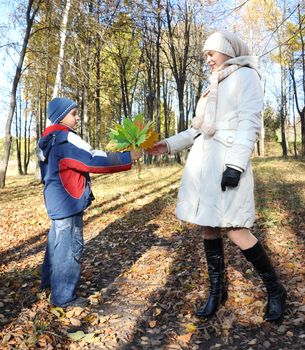 son presents yellow autumn bouquet to ma in park