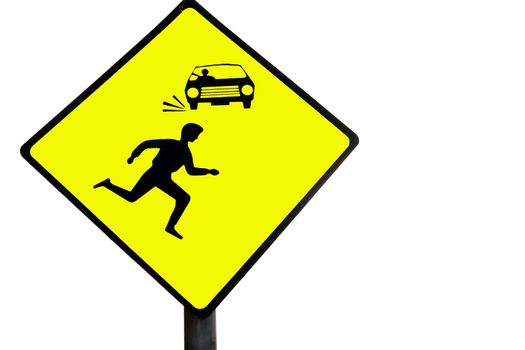 a warning sign about cars and pedestrians against a white background