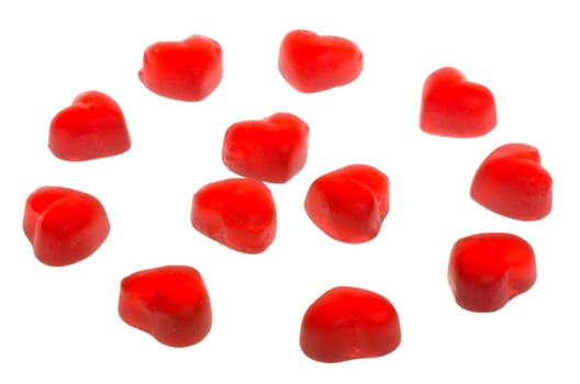 many heart shaped fruit jellies, isolated on white