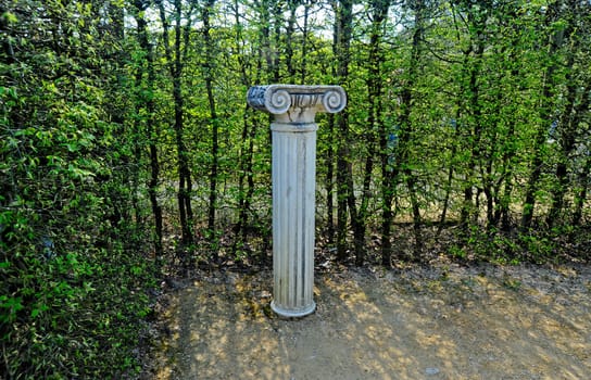 Isolated column in front of shrubbery