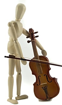 A wooden mannequin playing the violin.