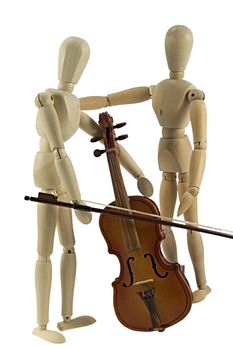 A wooden mannequin playing the violin.