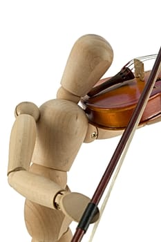 A wooden mannequin playing the violin.